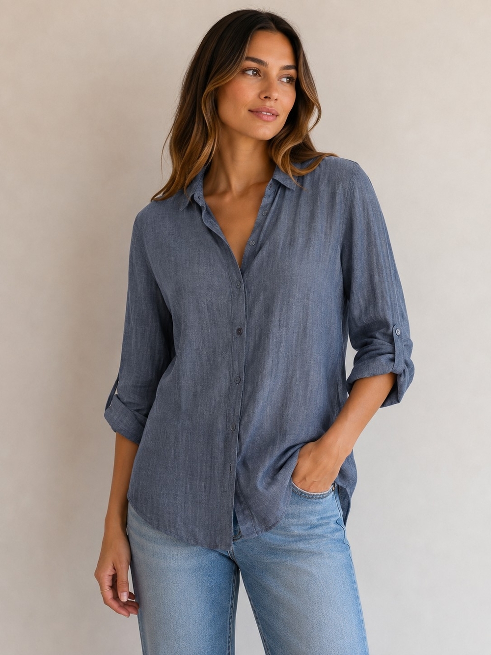 Eileen Fisher Linen Blend Lightweight Button-Down Shirt